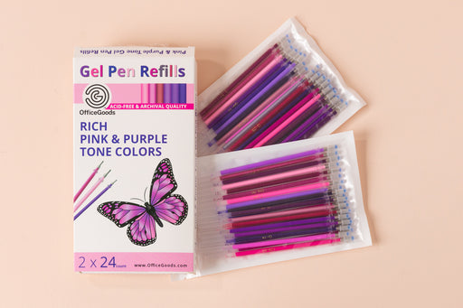  OfficeGoods Pink & Purple Gel Pens + Refills - 24 Premium  Colors - Fast Drying & Smudge Free - Metallic, Glitter Classic Ink -  0.8-1.0 mm Tips : Office Products